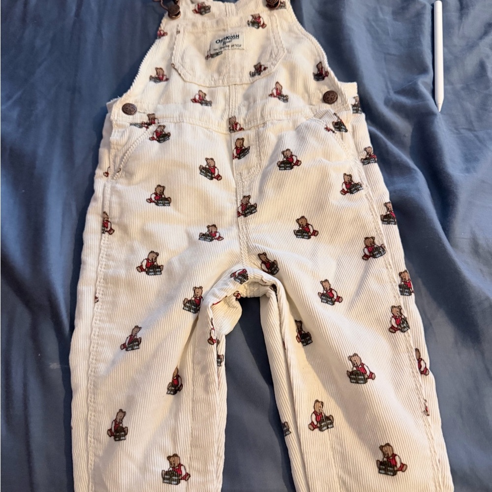 OshKosh B'gosh White Corduroy Overalls with Red Tractor Print